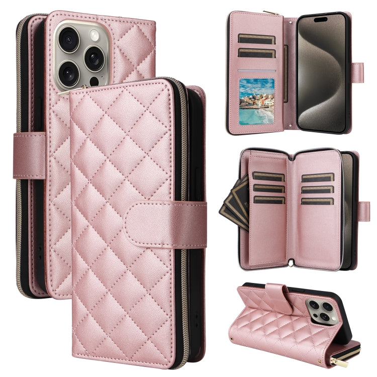 For iPhone 15 Pro Max Crossbody Rhombic Zipper Tower Buckle Leather Phone Case with Lanyard(Rose Gold) - iPhone 15 Pro Max Cases by buy2fix | Online Shopping UK | buy2fix