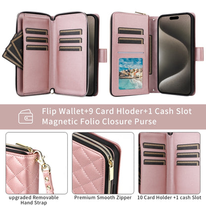 For iPhone 15 Pro Max Crossbody Rhombic Zipper Tower Buckle Leather Phone Case with Lanyard(Rose Gold) - iPhone 15 Pro Max Cases by buy2fix | Online Shopping UK | buy2fix