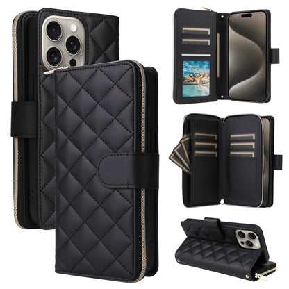 For iPhone 15 Pro Max Crossbody Rhombic Zipper Tower Buckle Leather Phone Case with Lanyard(Black) - iPhone 15 Pro Max Cases by buy2fix | Online Shopping UK | buy2fix