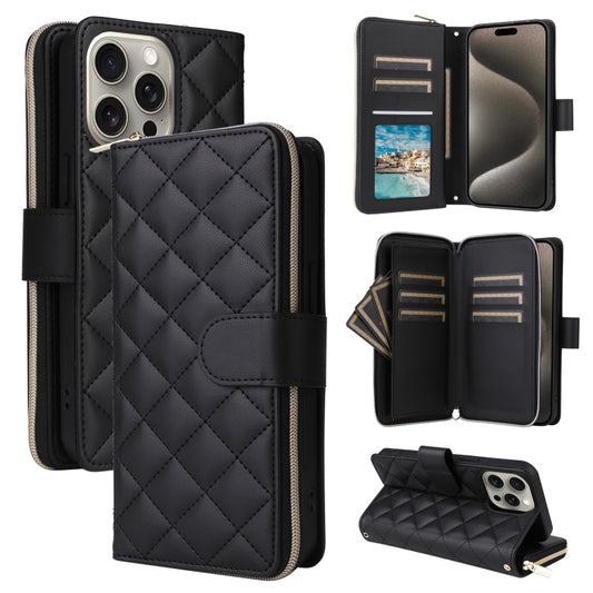 For iPhone 15 Pro Max Crossbody Rhombic Zipper Tower Buckle Leather Phone Case with Lanyard(Black) - iPhone 15 Pro Max Cases by buy2fix | Online Shopping UK | buy2fix
