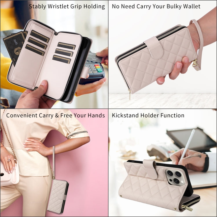 For iPhone 15 Pro Crossbody Rhombic Zipper Tower Buckle Leather Phone Case with Lanyard(Beige) - iPhone 15 Pro Cases by buy2fix | Online Shopping UK | buy2fix