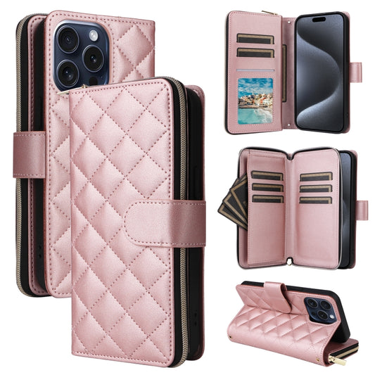For iPhone 15 Pro Crossbody Rhombic Zipper Tower Buckle Leather Phone Case with Lanyard(Rose Gold) - iPhone 15 Pro Cases by buy2fix | Online Shopping UK | buy2fix