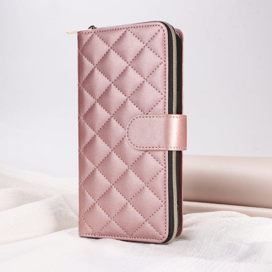 For iPhone 15 Pro Crossbody Rhombic Zipper Tower Buckle Leather Phone Case with Lanyard(Rose Gold) - iPhone 15 Pro Cases by buy2fix | Online Shopping UK | buy2fix