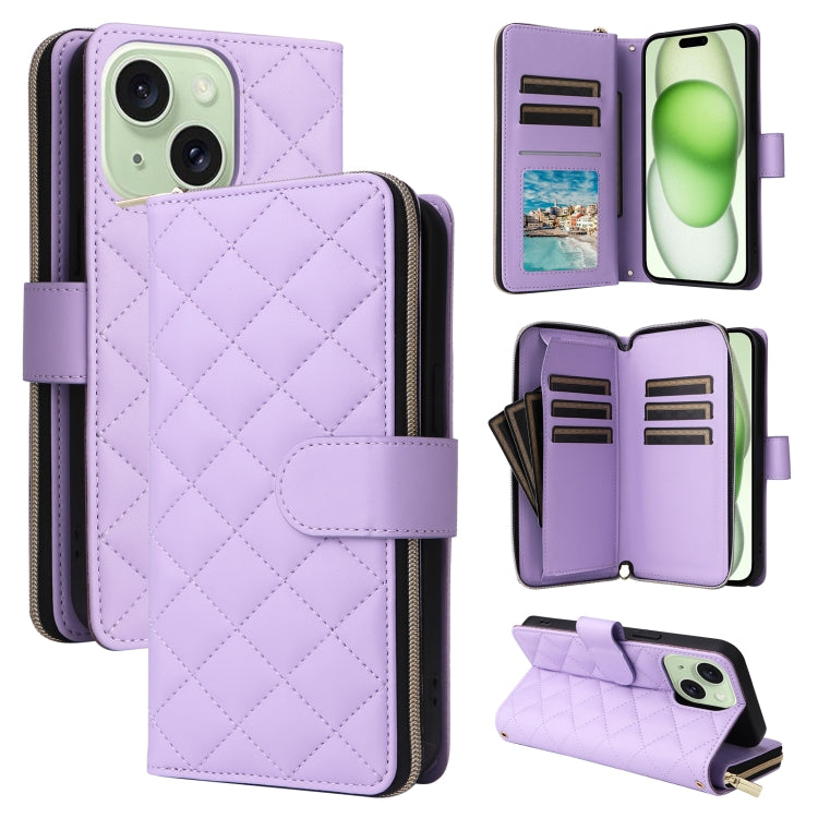 For iPhone 15 Plus / 14 Plus Crossbody Rhombic Zipper Tower Buckle Leather Phone Case with Lanyard(Purple) - iPhone 15 Plus Cases by buy2fix | Online Shopping UK | buy2fix
