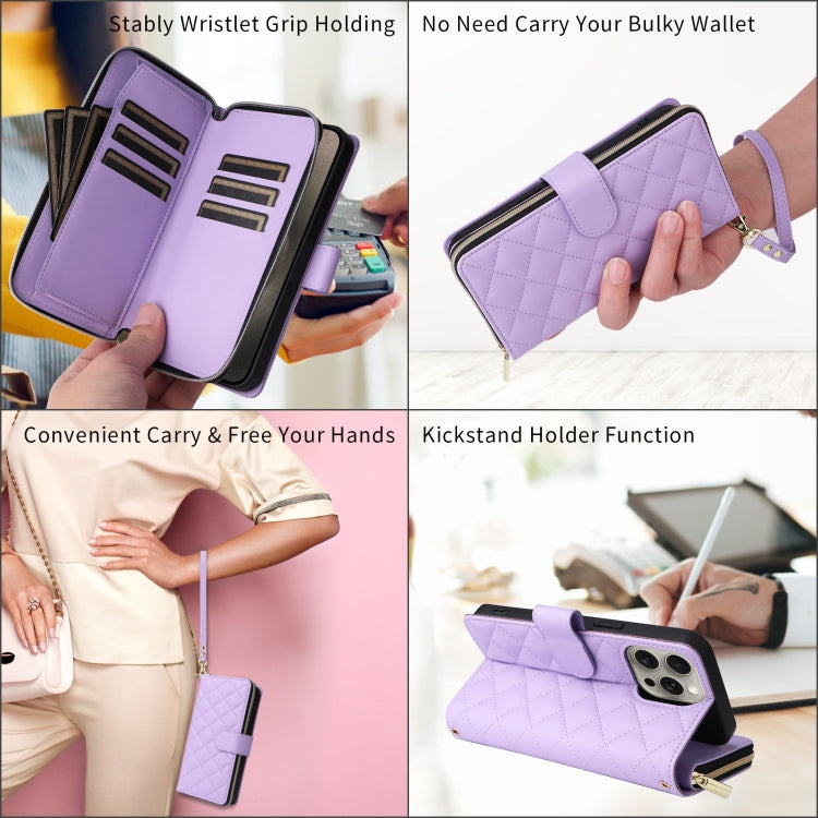 For iPhone 15 Plus / 14 Plus Crossbody Rhombic Zipper Tower Buckle Leather Phone Case with Lanyard(Purple) - iPhone 15 Plus Cases by buy2fix | Online Shopping UK | buy2fix