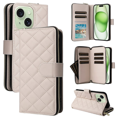 For iPhone 15 Plus / 14 Plus Crossbody Rhombic Zipper Tower Buckle Leather Phone Case with Lanyard(Beige) - iPhone 15 Plus Cases by buy2fix | Online Shopping UK | buy2fix