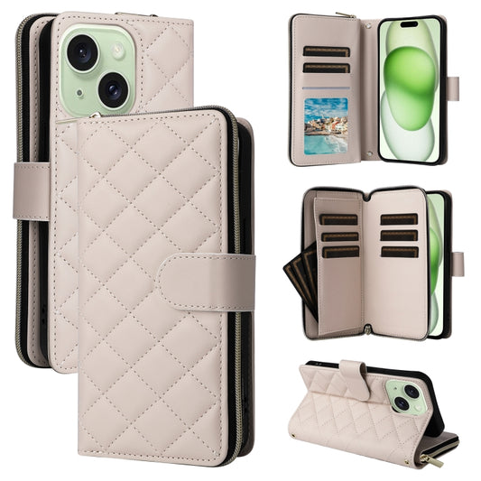 For iPhone 15 Plus / 14 Plus Crossbody Rhombic Zipper Tower Buckle Leather Phone Case with Lanyard(Beige) - iPhone 15 Plus Cases by buy2fix | Online Shopping UK | buy2fix