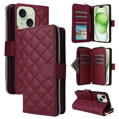 For iPhone 15 Plus / 14 Plus Crossbody Rhombic Zipper Tower Buckle Leather Phone Case with Lanyard(Wine Red) - iPhone 15 Plus Cases by buy2fix | Online Shopping UK | buy2fix