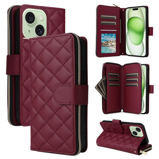 For iPhone 15 Plus / 14 Plus Crossbody Rhombic Zipper Tower Buckle Leather Phone Case with Lanyard(Wine Red) - iPhone 15 Plus Cases by buy2fix | Online Shopping UK | buy2fix