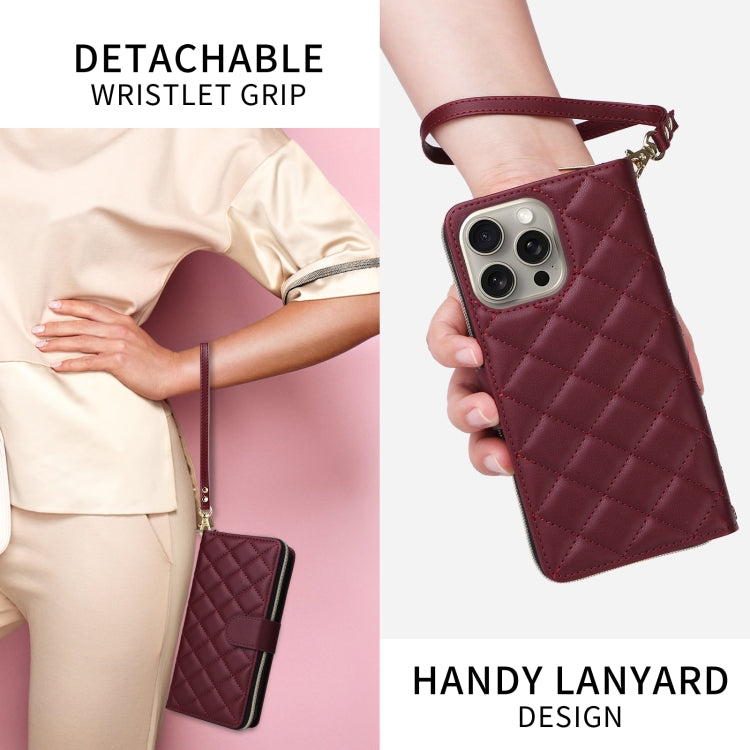 For iPhone 15 Plus / 14 Plus Crossbody Rhombic Zipper Tower Buckle Leather Phone Case with Lanyard(Wine Red) - iPhone 15 Plus Cases by buy2fix | Online Shopping UK | buy2fix