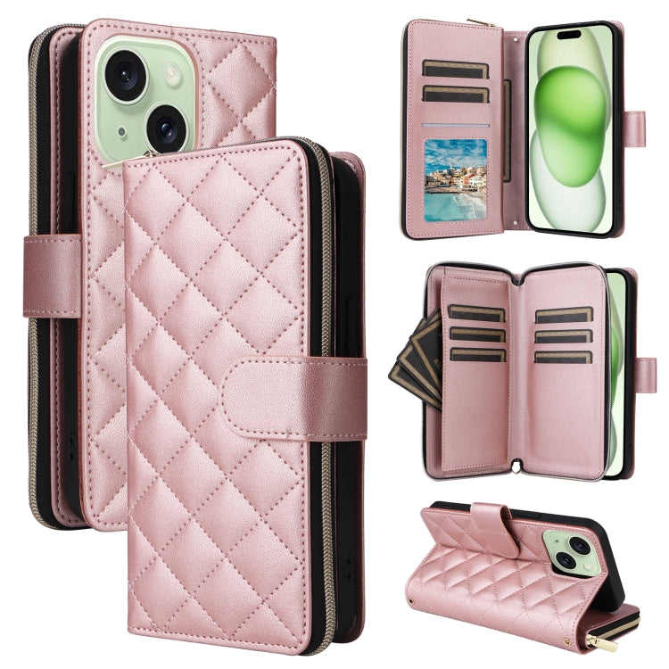 For iPhone 15 Plus / 14 Plus Crossbody Rhombic Zipper Tower Buckle Leather Phone Case with Lanyard(Rose Gold) - iPhone 15 Plus Cases by buy2fix | Online Shopping UK | buy2fix