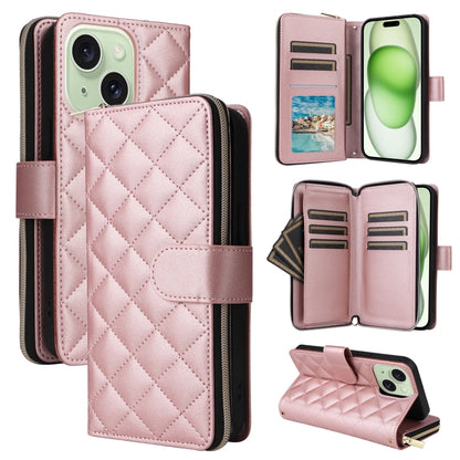 For iPhone 15 Plus / 14 Plus Crossbody Rhombic Zipper Tower Buckle Leather Phone Case with Lanyard(Rose Gold) - iPhone 15 Plus Cases by buy2fix | Online Shopping UK | buy2fix