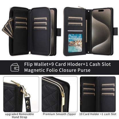 For iPhone 15 Plus / 14 Plus Crossbody Rhombic Zipper Tower Buckle Leather Phone Case with Lanyard(Black) - iPhone 15 Plus Cases by buy2fix | Online Shopping UK | buy2fix