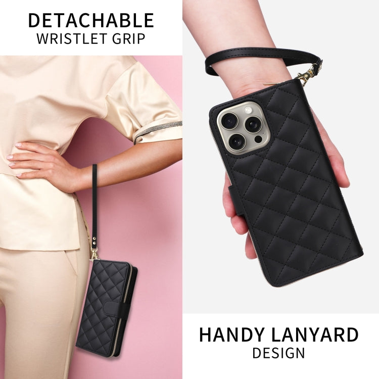 For iPhone 15 Plus / 14 Plus Crossbody Rhombic Zipper Tower Buckle Leather Phone Case with Lanyard(Black) - iPhone 15 Plus Cases by buy2fix | Online Shopping UK | buy2fix