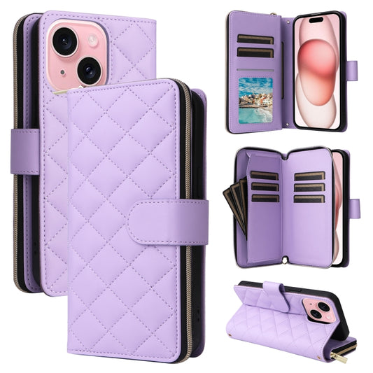 For iPhone 15 Crossbody Rhombic Zipper Tower Buckle Leather Phone Case with Lanyard(Purple) - iPhone 15 Pro Cases by buy2fix | Online Shopping UK | buy2fix