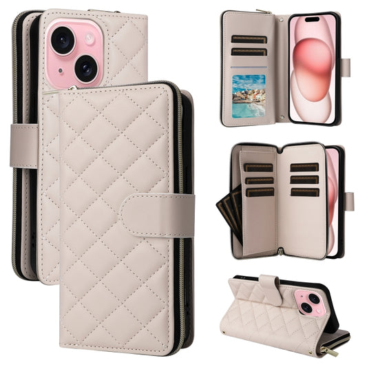 For iPhone 15 Crossbody Rhombic Zipper Tower Buckle Leather Phone Case with Lanyard(Beige) - iPhone 15 Pro Cases by buy2fix | Online Shopping UK | buy2fix