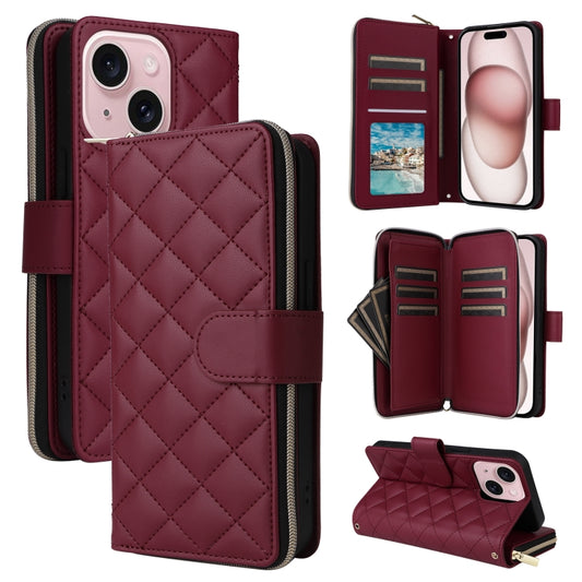 For iPhone 15 Crossbody Rhombic Zipper Tower Buckle Leather Phone Case with Lanyard(Wine Red) - iPhone 15 Pro Cases by buy2fix | Online Shopping UK | buy2fix