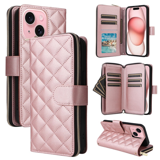 For iPhone 15 Crossbody Rhombic Zipper Tower Buckle Leather Phone Case with Lanyard(Rose Gold) - iPhone 15 Pro Cases by buy2fix | Online Shopping UK | buy2fix