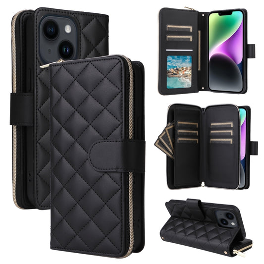 For iPhone 14 / 13 Crossbody Rhombic Zipper Tower Buckle Leather Phone Case with Lanyard(Black) - iPhone 14 Cases by buy2fix | Online Shopping UK | buy2fix
