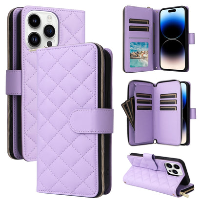 For iPhone 14 Pro Crossbody Rhombic Zipper Tower Buckle Leather Phone Case with Lanyard(Purple) - iPhone 14 Pro Cases by buy2fix | Online Shopping UK | buy2fix