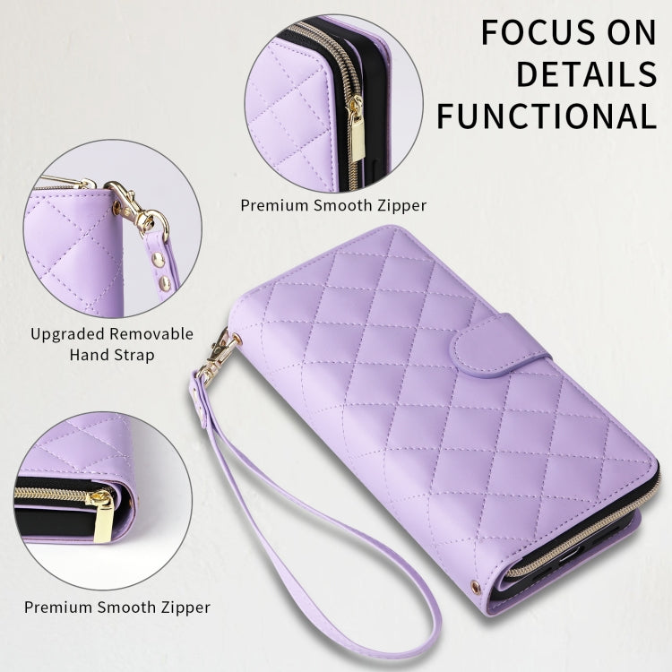 For iPhone 14 Pro Crossbody Rhombic Zipper Tower Buckle Leather Phone Case with Lanyard(Purple) - iPhone 14 Pro Cases by buy2fix | Online Shopping UK | buy2fix