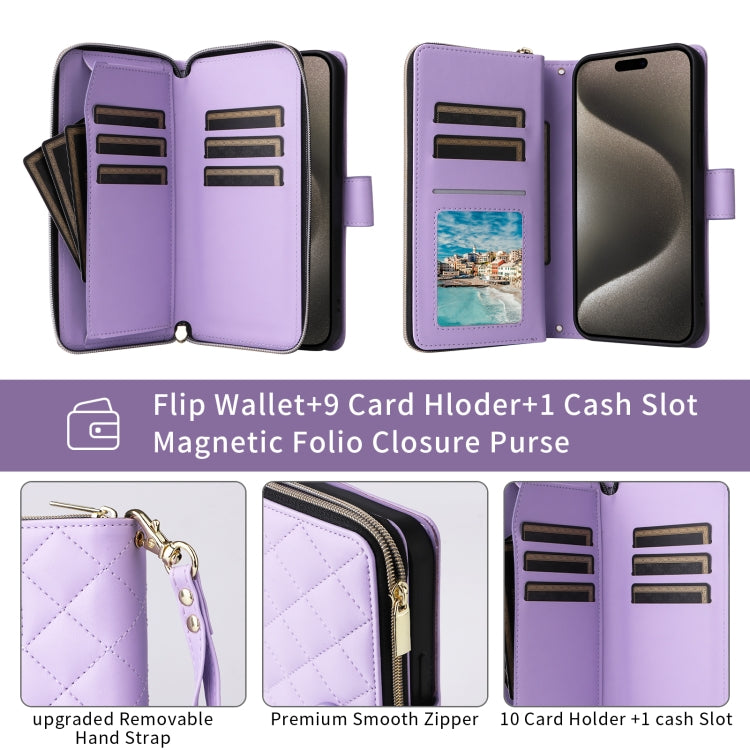 For iPhone 14 Pro Crossbody Rhombic Zipper Tower Buckle Leather Phone Case with Lanyard(Purple) - iPhone 14 Pro Cases by buy2fix | Online Shopping UK | buy2fix
