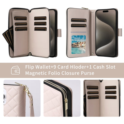 For iPhone 14 Pro Crossbody Rhombic Zipper Tower Buckle Leather Phone Case with Lanyard(Beige) - iPhone 14 Pro Cases by buy2fix | Online Shopping UK | buy2fix