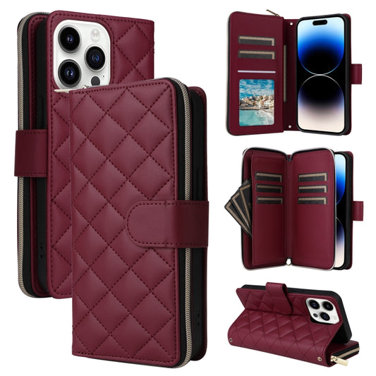 For iPhone 14 Pro Crossbody Rhombic Zipper Tower Buckle Leather Phone Case with Lanyard(Wine Red) - iPhone 14 Pro Cases by buy2fix | Online Shopping UK | buy2fix