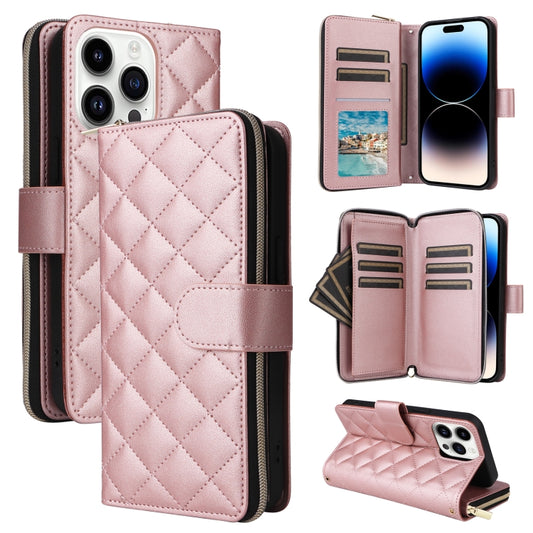 For iPhone 14 Pro Crossbody Rhombic Zipper Tower Buckle Leather Phone Case with Lanyard(Rose Gold) - iPhone 14 Pro Cases by buy2fix | Online Shopping UK | buy2fix