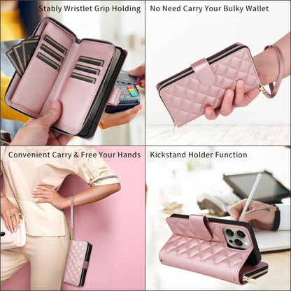 For iPhone 14 Pro Crossbody Rhombic Zipper Tower Buckle Leather Phone Case with Lanyard(Rose Gold) - iPhone 14 Pro Cases by buy2fix | Online Shopping UK | buy2fix