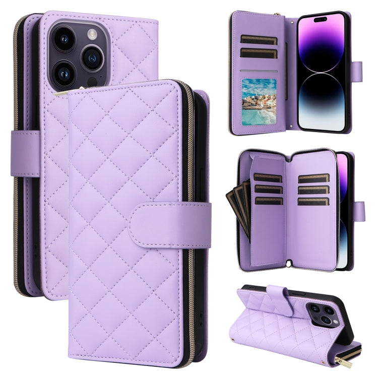 For iPhone 14 Pro Max Crossbody Rhombic Zipper Tower Buckle Leather Phone Case with Lanyard(Purple) - iPhone 14 Pro Max Cases by buy2fix | Online Shopping UK | buy2fix