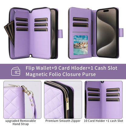 For iPhone 14 Pro Max Crossbody Rhombic Zipper Tower Buckle Leather Phone Case with Lanyard(Purple) - iPhone 14 Pro Max Cases by buy2fix | Online Shopping UK | buy2fix