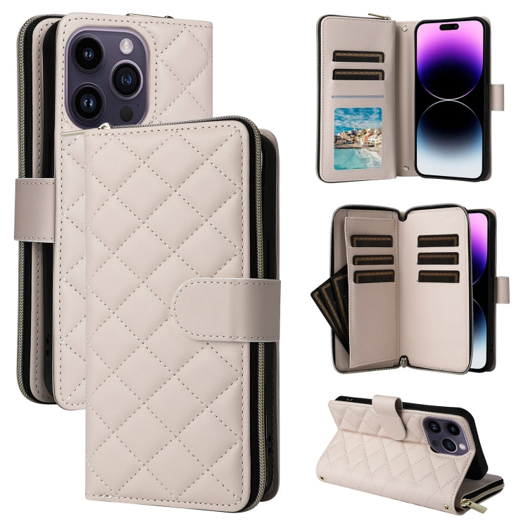 For iPhone 14 Pro Max Crossbody Rhombic Zipper Tower Buckle Leather Phone Case with Lanyard(Beige) - iPhone 14 Pro Max Cases by buy2fix | Online Shopping UK | buy2fix