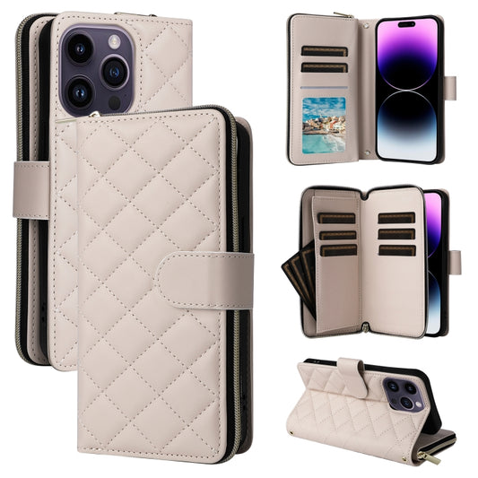 For iPhone 14 Pro Max Crossbody Rhombic Zipper Tower Buckle Leather Phone Case with Lanyard(Beige) - iPhone 14 Pro Max Cases by buy2fix | Online Shopping UK | buy2fix