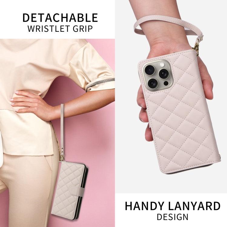 For iPhone 14 Pro Max Crossbody Rhombic Zipper Tower Buckle Leather Phone Case with Lanyard(Beige) - iPhone 14 Pro Max Cases by buy2fix | Online Shopping UK | buy2fix