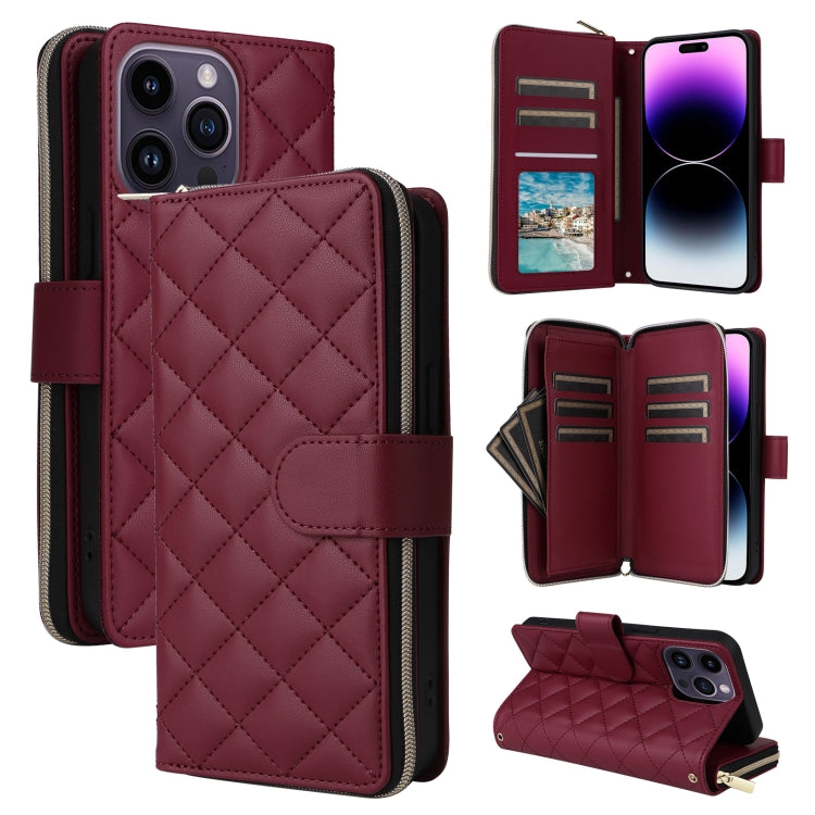 For iPhone 14 Pro Max Crossbody Rhombic Zipper Tower Buckle Leather Phone Case with Lanyard(Wine Red) - iPhone 14 Pro Max Cases by buy2fix | Online Shopping UK | buy2fix