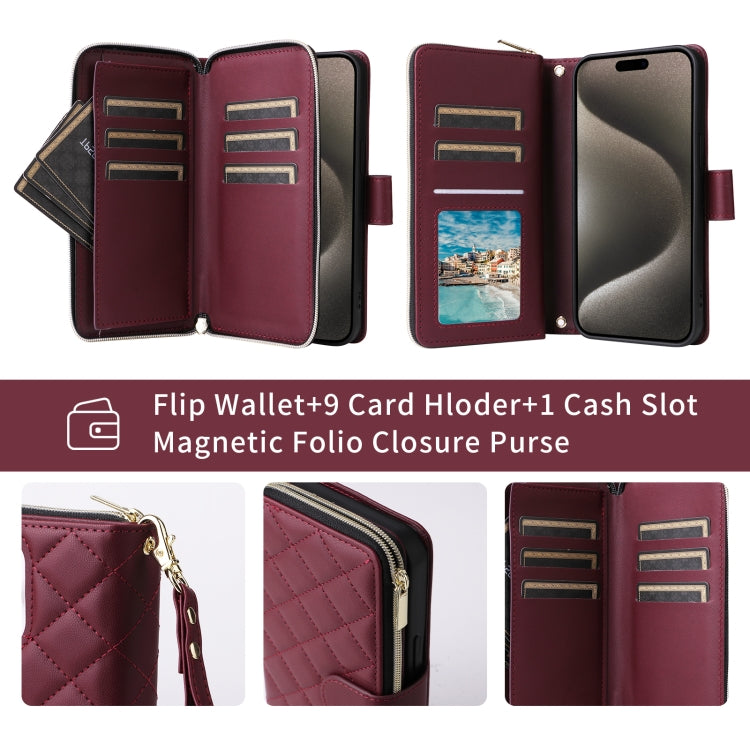 For iPhone 14 Pro Max Crossbody Rhombic Zipper Tower Buckle Leather Phone Case with Lanyard(Wine Red) - iPhone 14 Pro Max Cases by buy2fix | Online Shopping UK | buy2fix