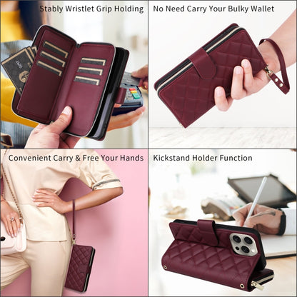 For iPhone 14 Pro Max Crossbody Rhombic Zipper Tower Buckle Leather Phone Case with Lanyard(Wine Red) - iPhone 14 Pro Max Cases by buy2fix | Online Shopping UK | buy2fix