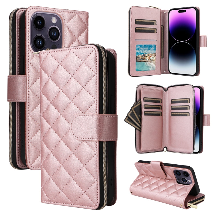 For iPhone 14 Pro Max Crossbody Rhombic Zipper Tower Buckle Leather Phone Case with Lanyard(Rose Gold) - iPhone 14 Pro Max Cases by buy2fix | Online Shopping UK | buy2fix