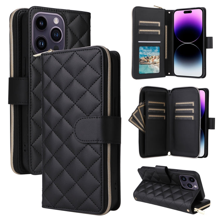 For iPhone 14 Pro Max Crossbody Rhombic Zipper Tower Buckle Leather Phone Case with Lanyard(Black) - iPhone 14 Pro Max Cases by buy2fix | Online Shopping UK | buy2fix