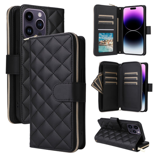 For iPhone 14 Pro Max Crossbody Rhombic Zipper Tower Buckle Leather Phone Case with Lanyard(Black) - iPhone 14 Pro Max Cases by buy2fix | Online Shopping UK | buy2fix