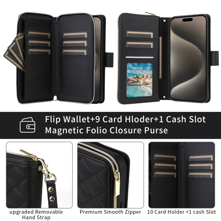 For iPhone 14 Pro Max Crossbody Rhombic Zipper Tower Buckle Leather Phone Case with Lanyard(Black) - iPhone 14 Pro Max Cases by buy2fix | Online Shopping UK | buy2fix