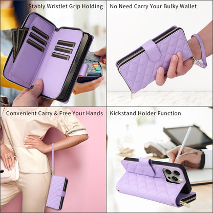 For iPhone 13 Pro Max Crossbody Rhombic Zipper Tower Buckle Leather Phone Case with Lanyard(Purple) - iPhone 13 Pro Max Cases by buy2fix | Online Shopping UK | buy2fix