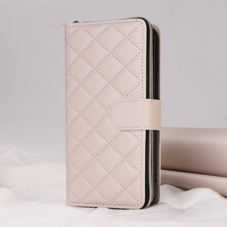 For iPhone 13 Pro Crossbody Rhombic Zipper Tower Buckle Leather Phone Case with Lanyard(Beige) - iPhone 13 Pro Cases by buy2fix | Online Shopping UK | buy2fix