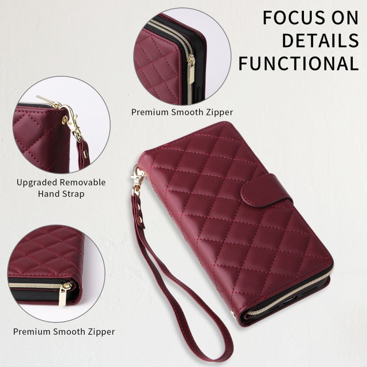 For iPhone 12 / 12 Pro Crossbody Rhombic Zipper Tower Buckle Leather Phone Case with Lanyard(Wine Red) - iPhone 12 / 12 Pro Cases by buy2fix | Online Shopping UK | buy2fix