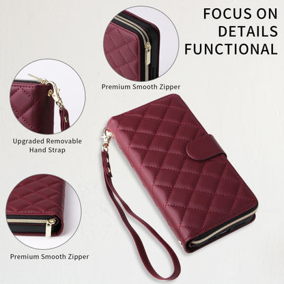 For iPhone 12 / 12 Pro Crossbody Rhombic Zipper Tower Buckle Leather Phone Case with Lanyard(Wine Red) - iPhone 12 / 12 Pro Cases by buy2fix | Online Shopping UK | buy2fix