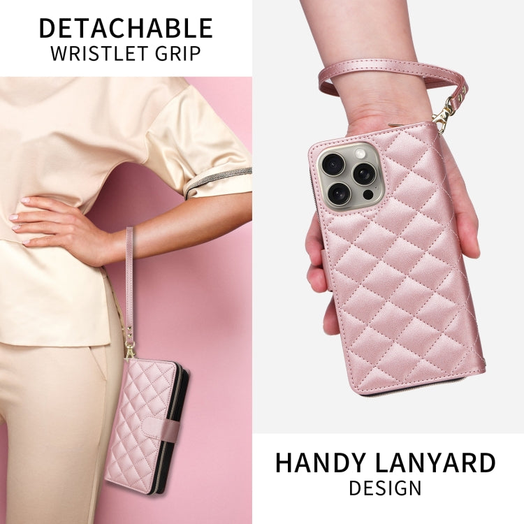 For iPhone 12 Pro Max Crossbody Rhombic Zipper Tower Buckle Leather Phone Case with Lanyard(Rose Gold) - iPhone 12 Pro Max Cases by buy2fix | Online Shopping UK | buy2fix