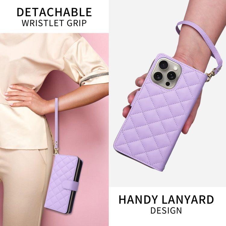 For iPhone 11 Pro Max Crossbody Rhombic Zipper Tower Buckle Leather Phone Case with Lanyard(Purple) - iPhone 11 Pro Max Cases by buy2fix | Online Shopping UK | buy2fix