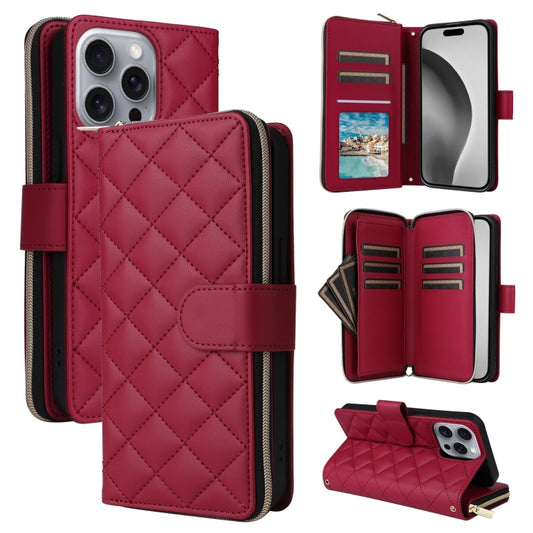 For iPhone 16 Pro Max Crossbody Rhombic Zipper Tower Buckle Leather Phone Case with Lanyard(Wine Red) - iPhone 16 Pro Max Cases by buy2fix | Online Shopping UK | buy2fix