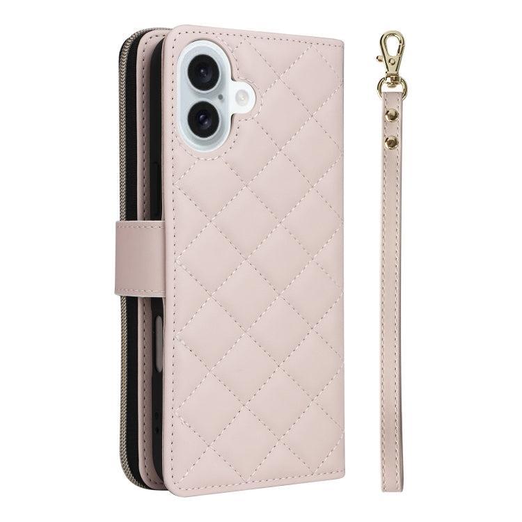 For iPhone 16 Plus Crossbody Rhombic Zipper Tower Buckle Leather Phone Case with Lanyard(Beige) by buy2fix